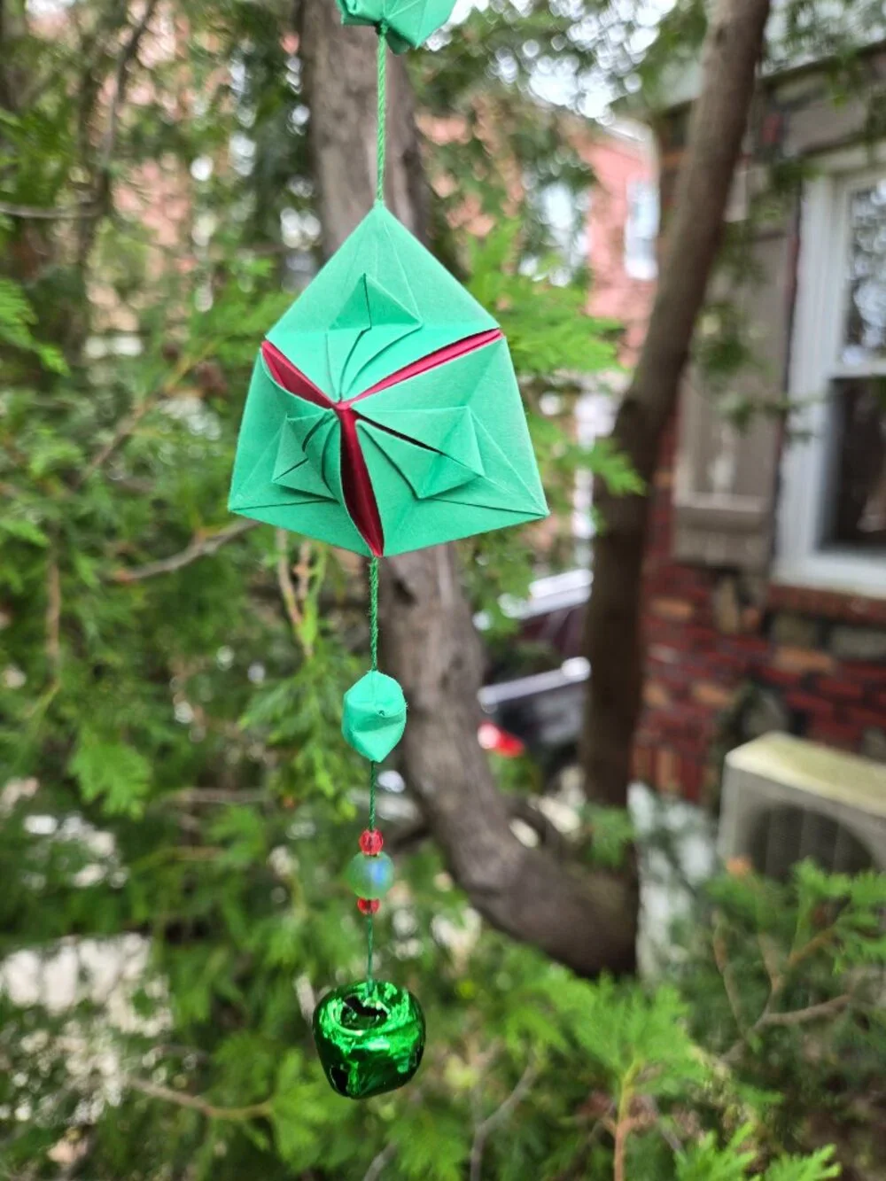 Handmade Origami Ornament | Red & Green Crane Bell